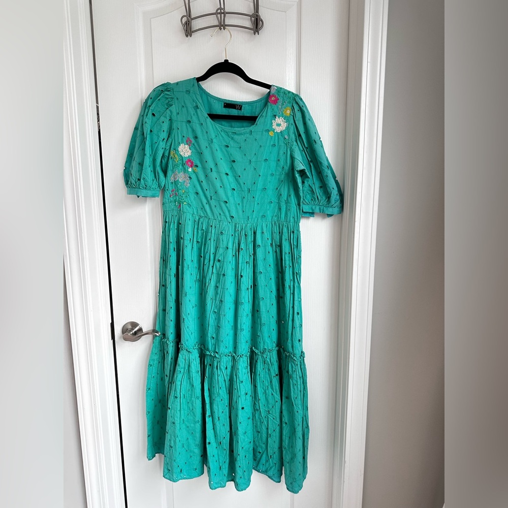 Teal Floral Embroidered Dress